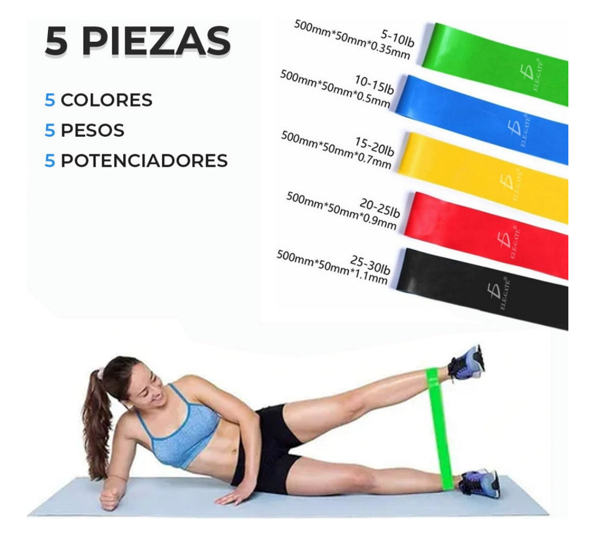 Kit De 5 Bandas Ligas De Resistencia Piernas Ejercicio Yoga Ele-Gate