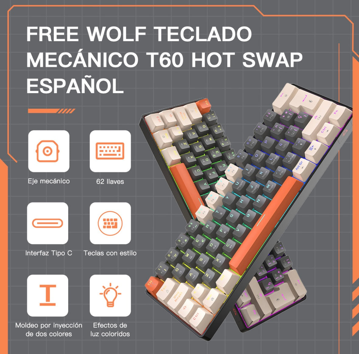 Free Wolf T60 60% Teclado Alámbrico mecánico Español, 62 Teclas Anti-ghosting, Retroiluminado Full-RGB, Teclado Programable de Hot Swap, Teclado Gamer Con Cable Conectado Tipo C, Eje Rojo