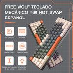 Free Wolf T60 60% Teclado Alámbrico mecánico Español, 62 Teclas Anti-ghosting, Retroiluminado Full-RGB, Teclado Programable de Hot Swap, Teclado Gamer Con Cable Conectado Tipo C, Eje Rojo