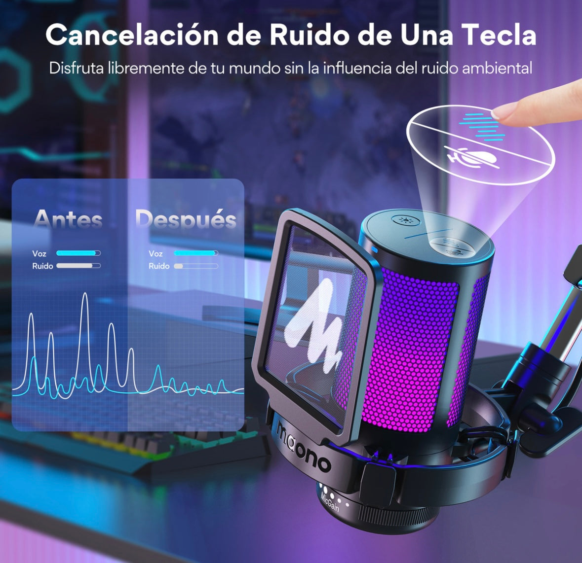 MAONO Micrófono PC Gamer Micrófono USB Condensador con Cancelación de Ruido Silencio Ganancia Monitoreo para Streaming Podcast Celular Computadora DGM20S Negro