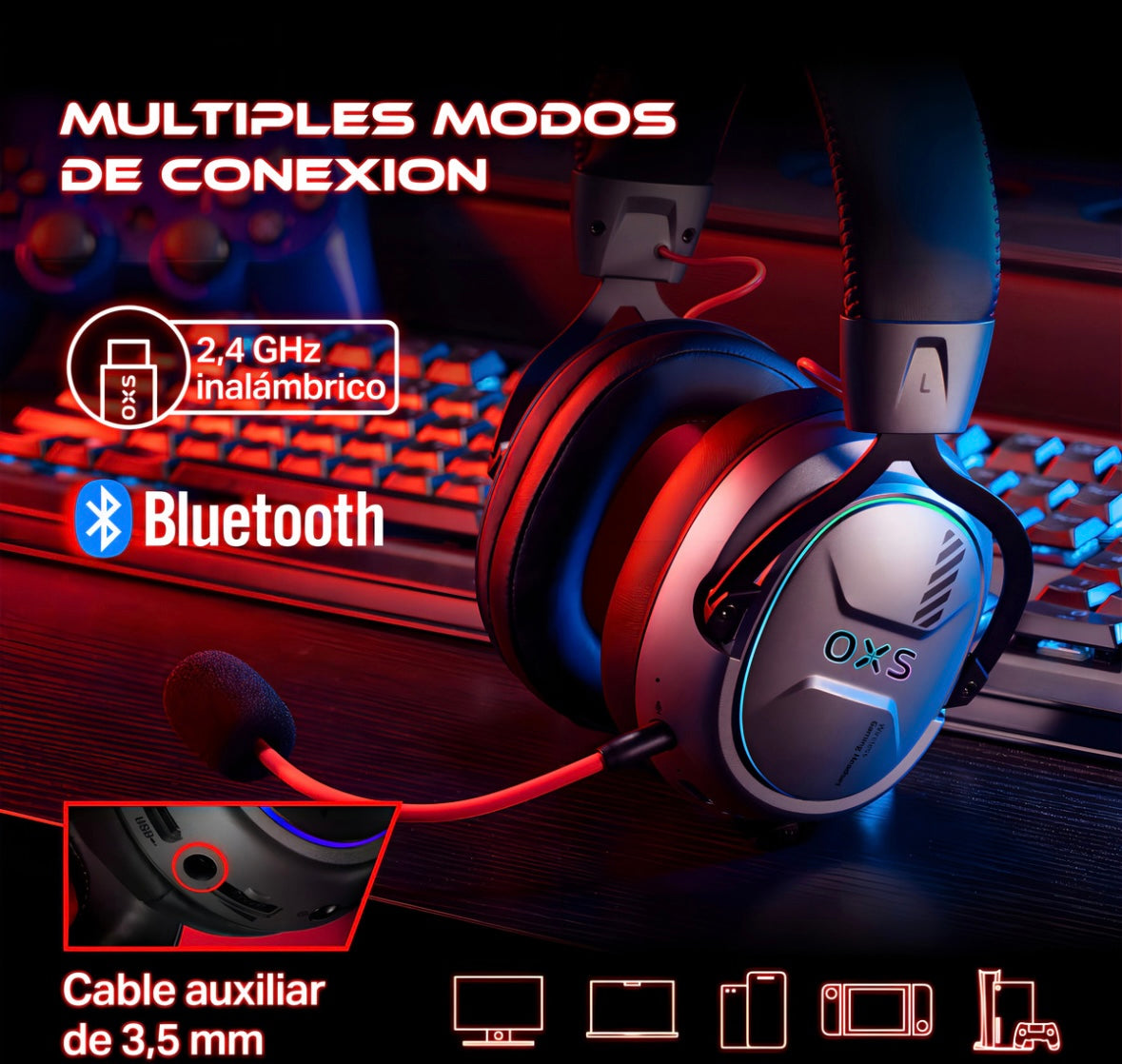 Audífonos Gamer Para Inalámbricos Diademas con Micrófono De Cancelación De Ruido Sonido Envolvente Virtual 7.1, 2.4g De Baja Latencia Con Conector Usb Y Type-c, Bluetooth 5.3 Para Pc Oxs G2 Negro