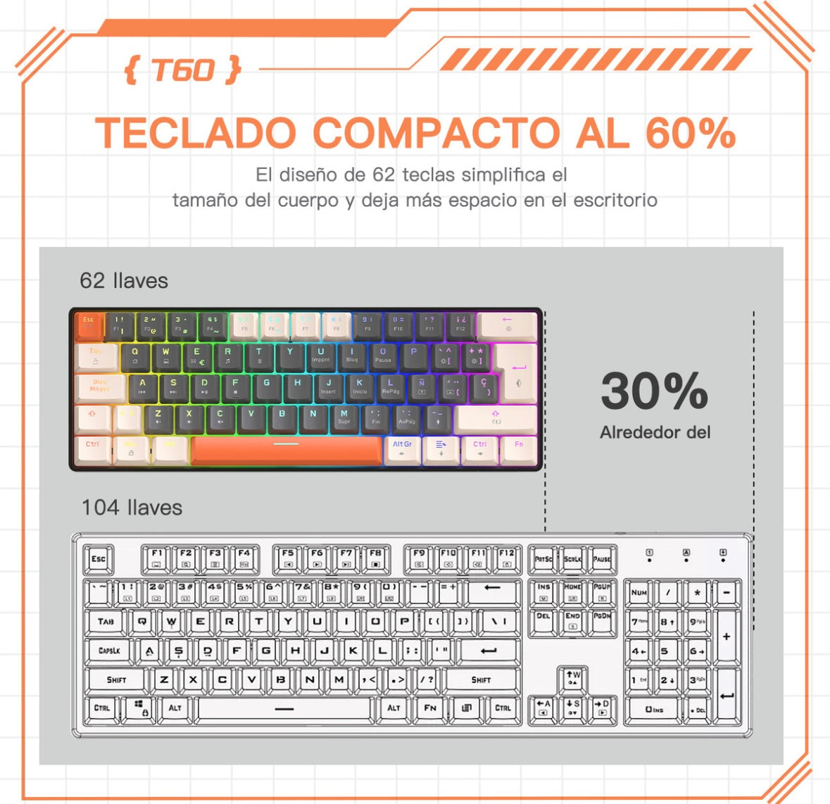 Free Wolf T60 60% Teclado Alámbrico mecánico Español, 62 Teclas Anti-ghosting, Retroiluminado Full-RGB, Teclado Programable de Hot Swap, Teclado Gamer Con Cable Conectado Tipo C, Eje Rojo
