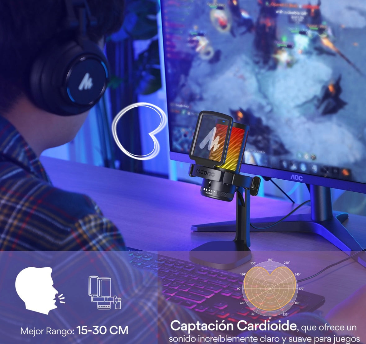 Maono Micrófono Pc para Gamer Micrófono Usb RGB con Cancelación de Ruido Silencio Ganancia y Monitoreo para Streaming Podcast Youtube Celular y PS5 PS4 DGM20 Negro