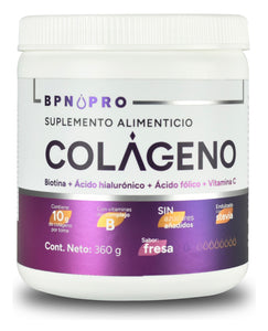 Colágeno Hidrolizado BPN PRO en Polvo con Ácido Hialurónico y Ácido Fólico, Sabor Fresa 360g Mejora tu Salud y Belleza, Fortalece Articulaciones, Piel Radiante, Suplemento Nutricional de Alta Calidad