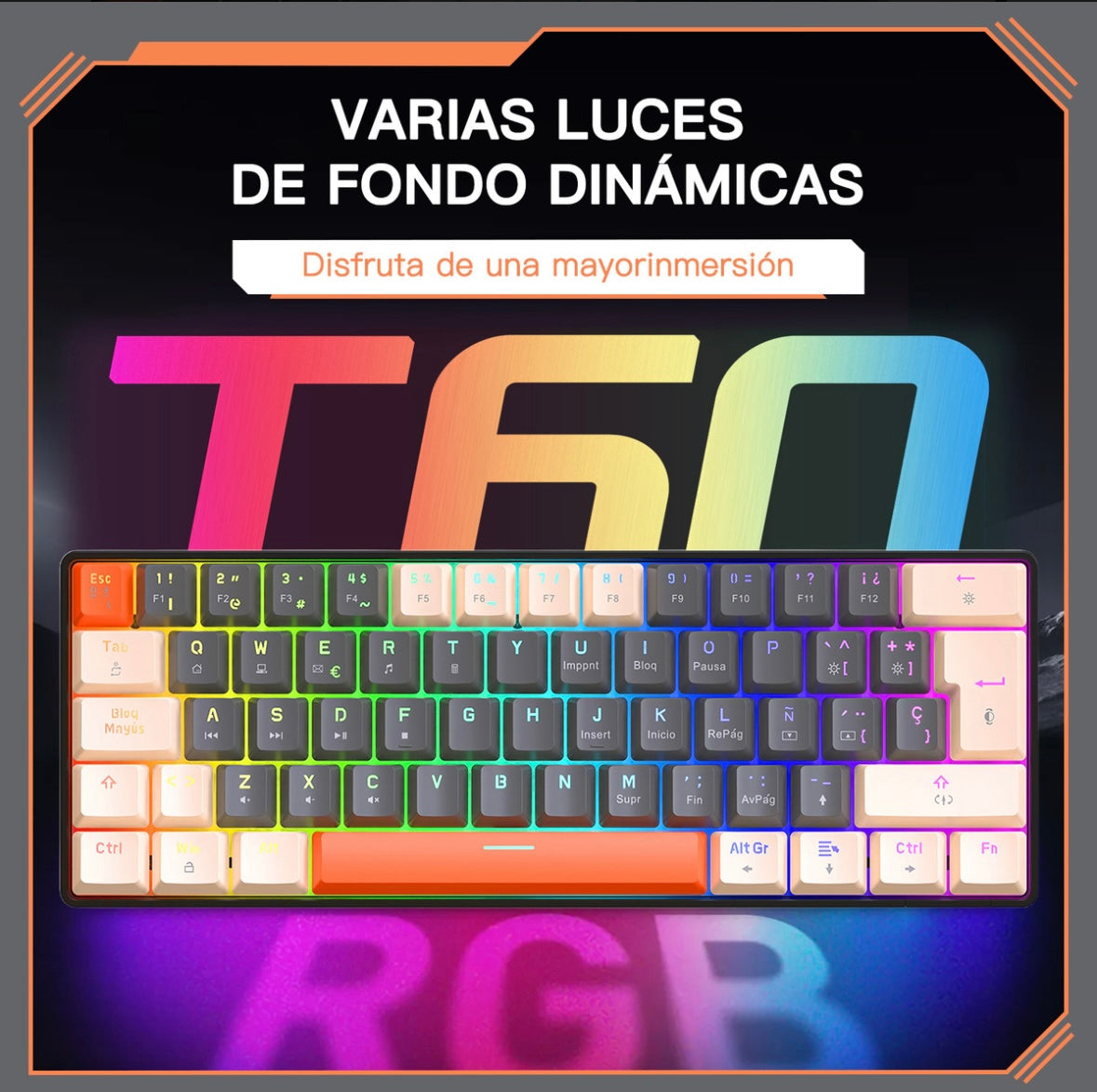 Free Wolf T60 60% Teclado Alámbrico mecánico Español, 62 Teclas Anti-ghosting, Retroiluminado Full-RGB, Teclado Programable de Hot Swap, Teclado Gamer Con Cable Conectado Tipo C, Eje Rojo