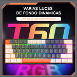 Free Wolf T60 60% Teclado Alámbrico mecánico Español, 62 Teclas Anti-ghosting, Retroiluminado Full-RGB, Teclado Programable de Hot Swap, Teclado Gamer Con Cable Conectado Tipo C, Eje Rojo