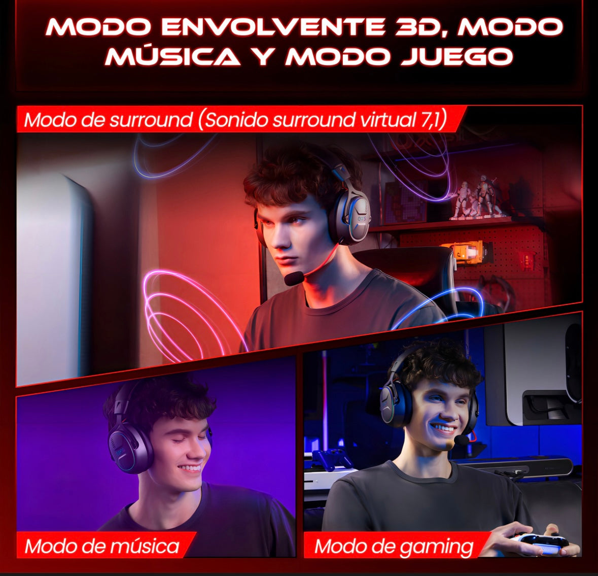 Audífonos Gamer Para Inalámbricos Diademas con Micrófono De Cancelación De Ruido Sonido Envolvente Virtual 7.1, 2.4g De Baja Latencia Con Conector Usb Y Type-c, Bluetooth 5.3 Para Pc Oxs G2 Negro