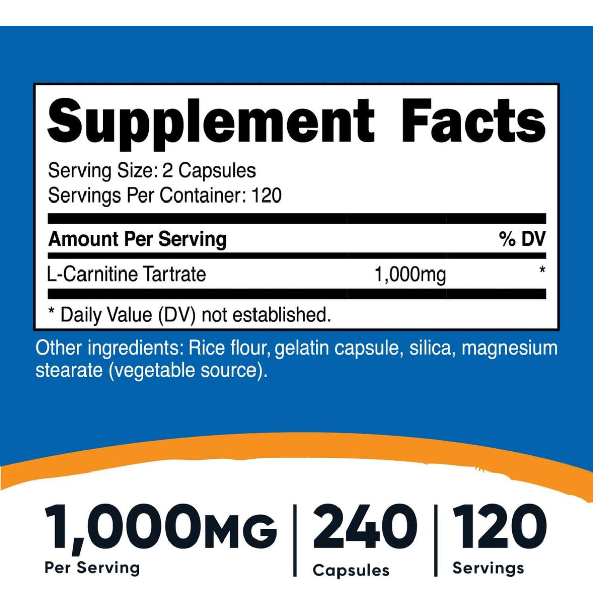 Carnitina Tartrato 1000 Mg , 240 Cápsulas, Mayor Energía Sabor Natural