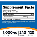 Carnitina Tartrato 1000 Mg , 240 Cápsulas, Mayor Energía Sabor Natural