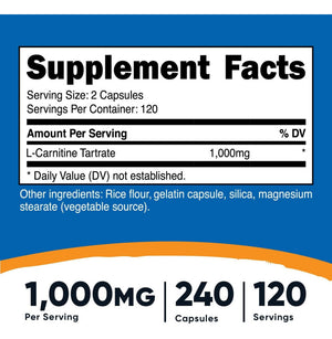 Carnitina Tartrato 1000 Mg , 240 Cápsulas, Mayor Energía Sabor Natural
