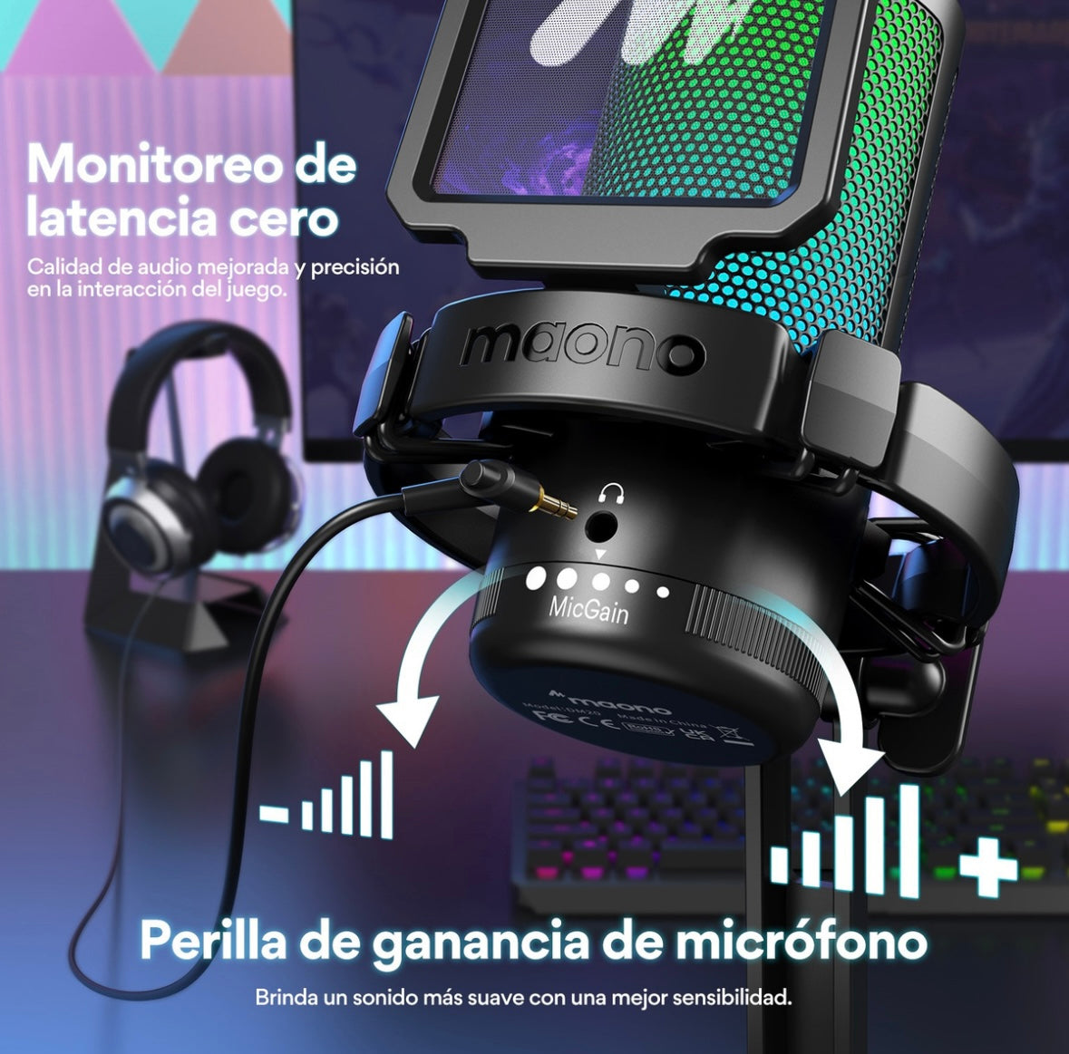 Maono Micrófono Pc para Gamer Micrófono Usb RGB con Cancelación de Ruido Silencio Ganancia y Monitoreo para Streaming Podcast Youtube Celular y PS5 PS4 DGM20 Negro
