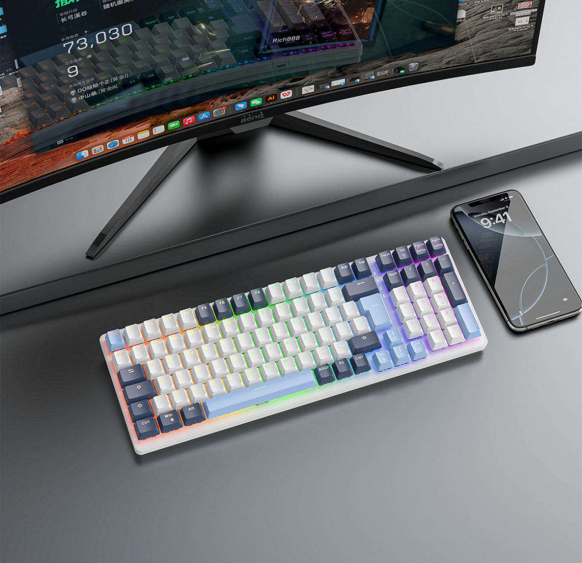 Free Wolf K3 Teclado Mecánico, 100 Teclas Teclado Mecánico para Juegos, QWERTY Teclado Cableado, Español Teclado Azul/blanco, Múltiples Efectos RGB de Luz, Teclas Personalizadas（Eje Rojo）