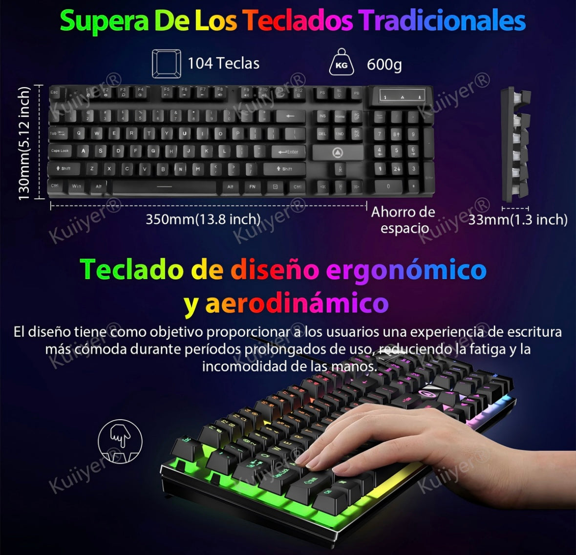 KUIIYER Teclado Mecánico Para Juegos, E310 Teclado Gamer con Cable, Retroiluminación LED RGB, Ideal para Juego y Trabajo para PC Windows 7, 8, 10 o Mac OS (negro)