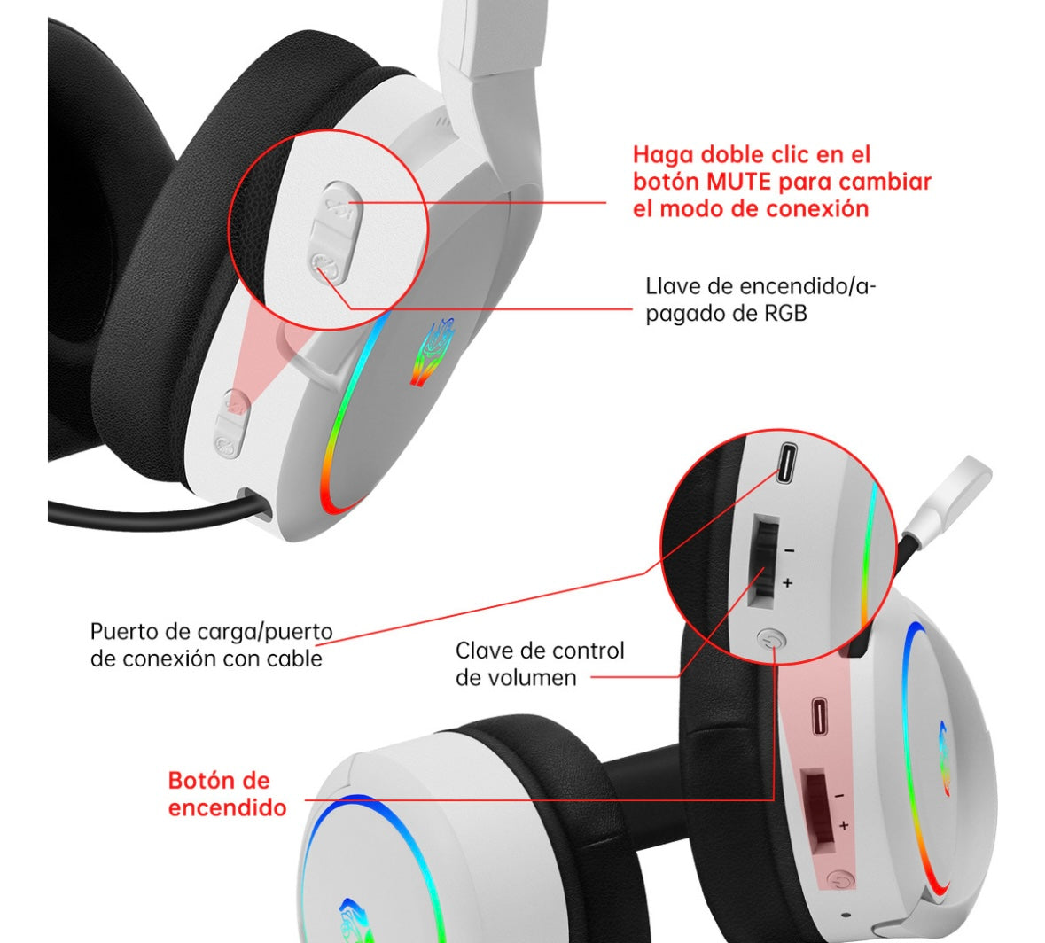 Auricular gamer inalámbrico Huo Ji X7 blanco con luz rgb LED