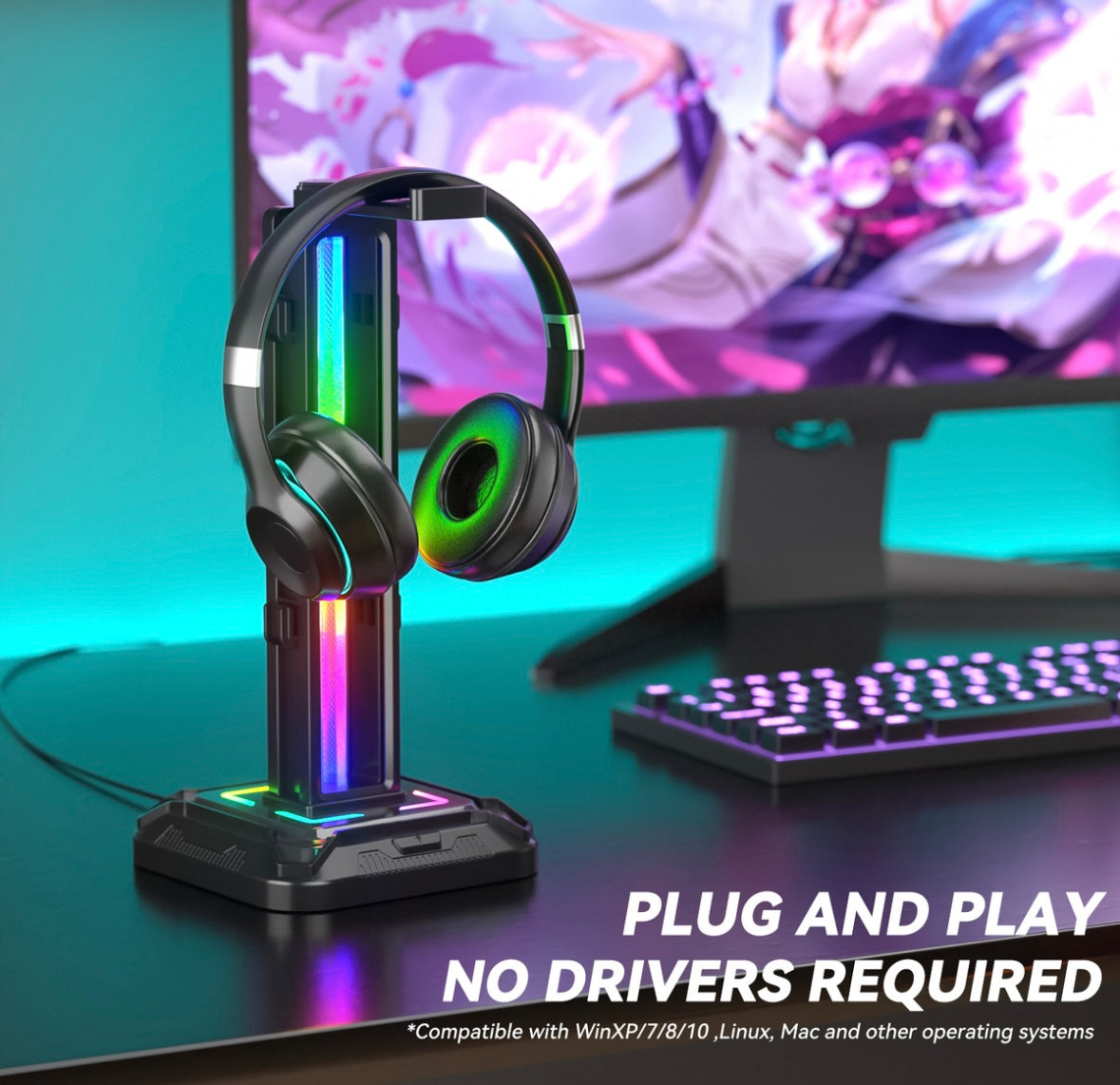 Soporte de auriculares Oivo girable y gancho de controlador desmontable RGB LED