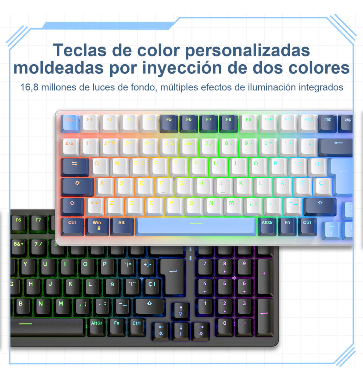 Free Wolf K3 Teclado Mecánico, 100 Teclas Teclado Mecánico para Juegos, QWERTY Teclado Cableado, Español Teclado Azul/blanco, Múltiples Efectos RGB de Luz, Teclas Personalizadas（Eje Rojo）