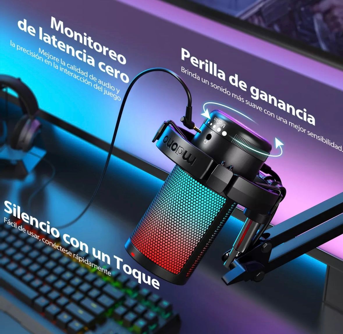 MAONO Micrófono PC Gamer Micrófono USB Condensador con Cancelación de Ruido Silencio Ganancia Monitoreo para Streaming Podcast Celular Computadora DGM20S Negro