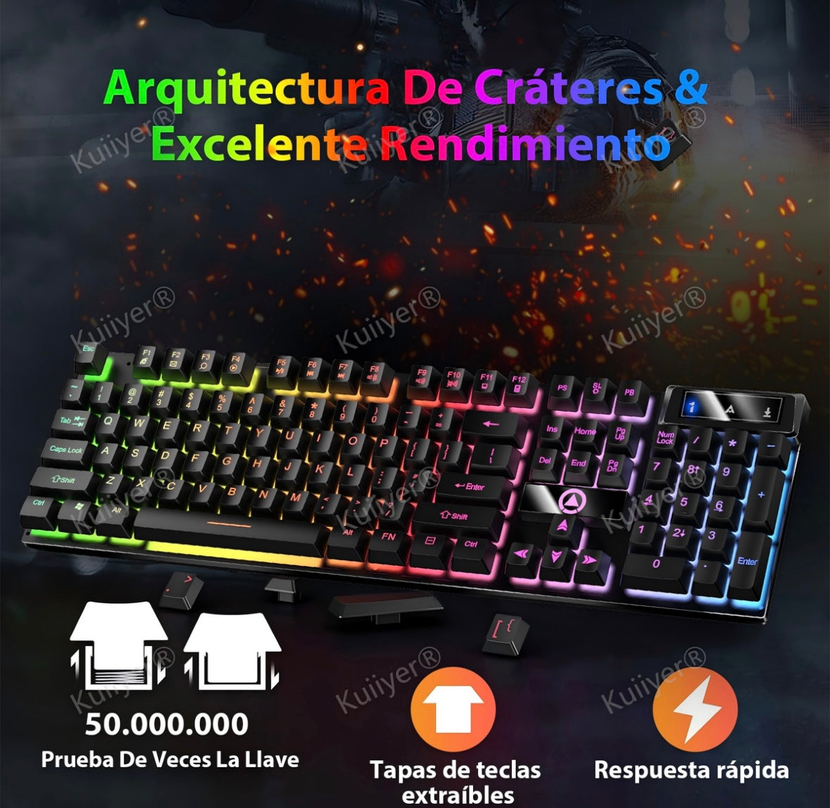 KUIIYER Teclado Mecánico Para Juegos, E310 Teclado Gamer con Cable, Retroiluminación LED RGB, Ideal para Juego y Trabajo para PC Windows 7, 8, 10 o Mac OS (negro)