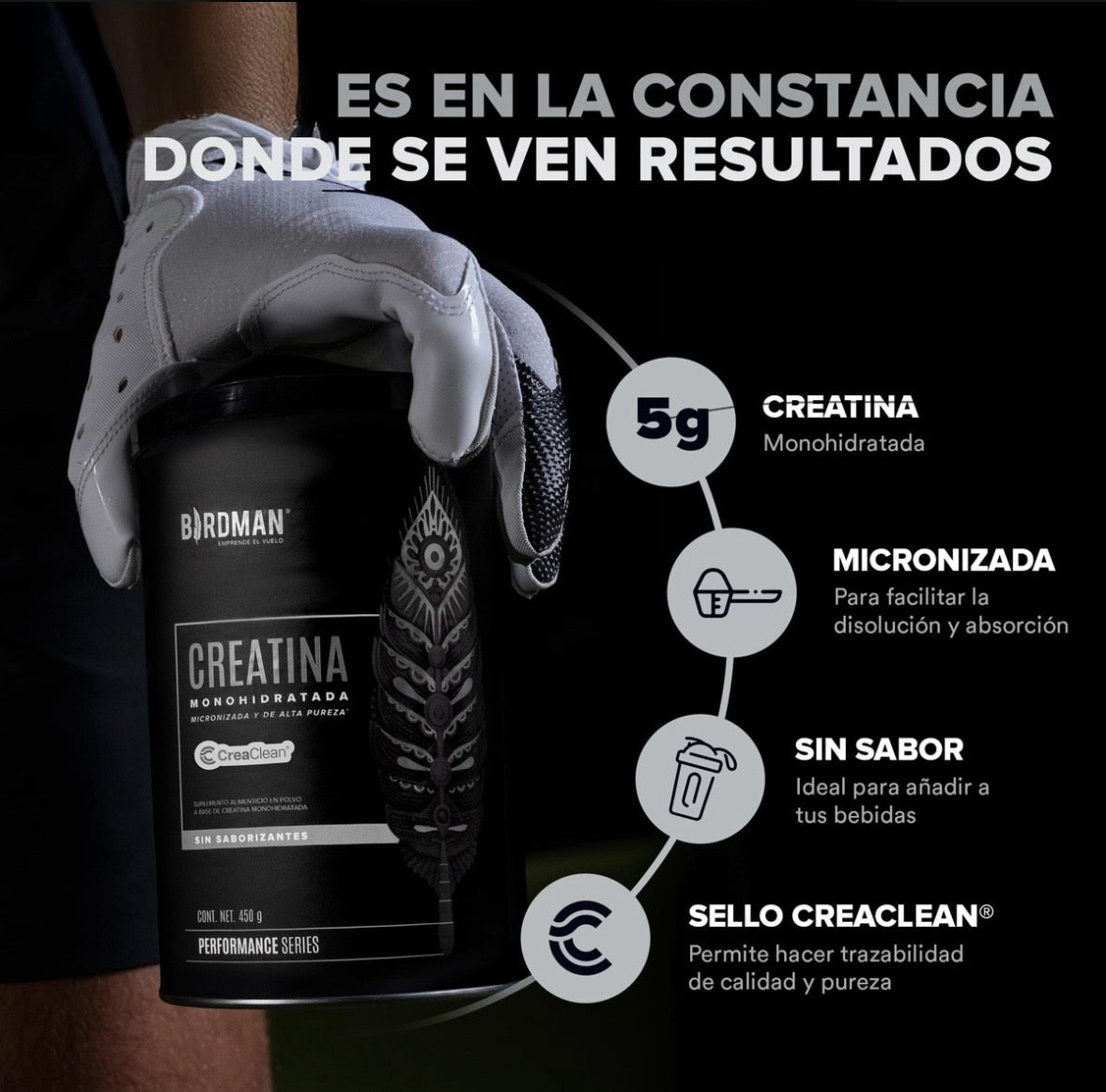 Birdman Creatina Monohidratada En Polvo de Alta Pureza | 90 servicios | 450g | Sabor Natural