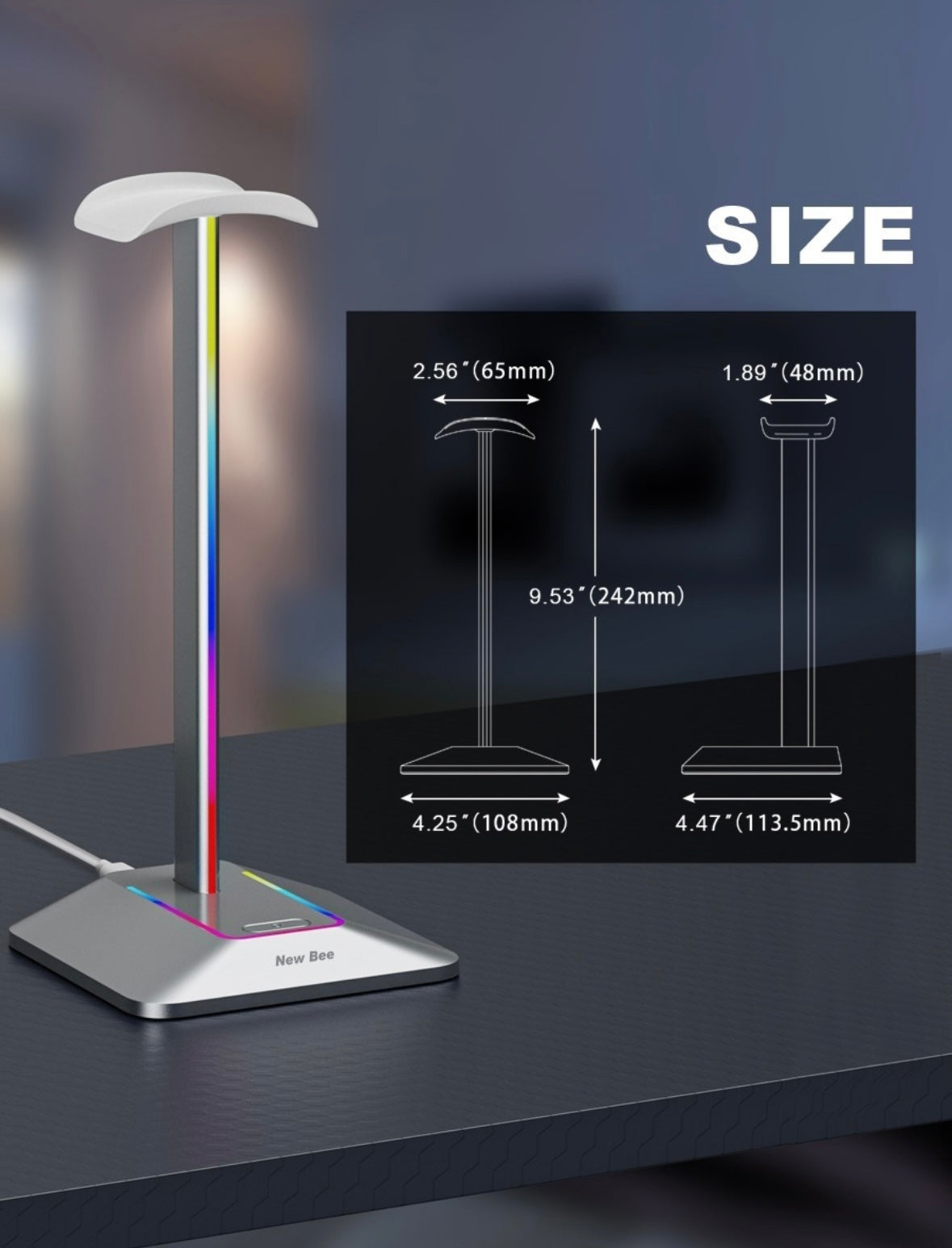 Base Soporte De Audífonos  New Bee Con Luz Led Rgb Usb, color plateado