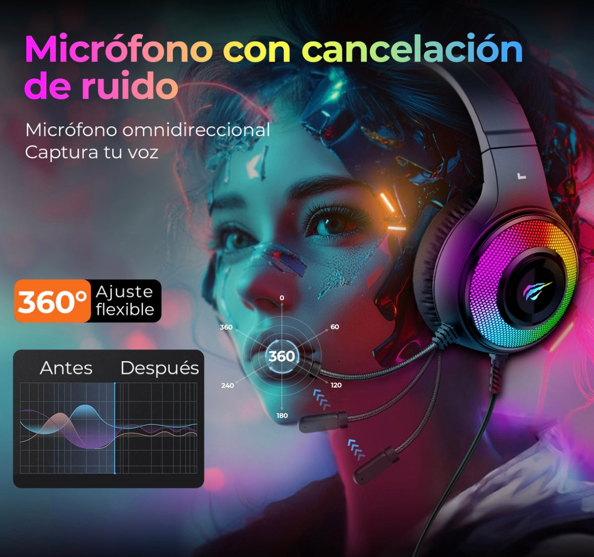 Auriculares Havit H2042d negros para PS4 PS5 Xbox PC 3,5 mm/USB color negro luz RGB