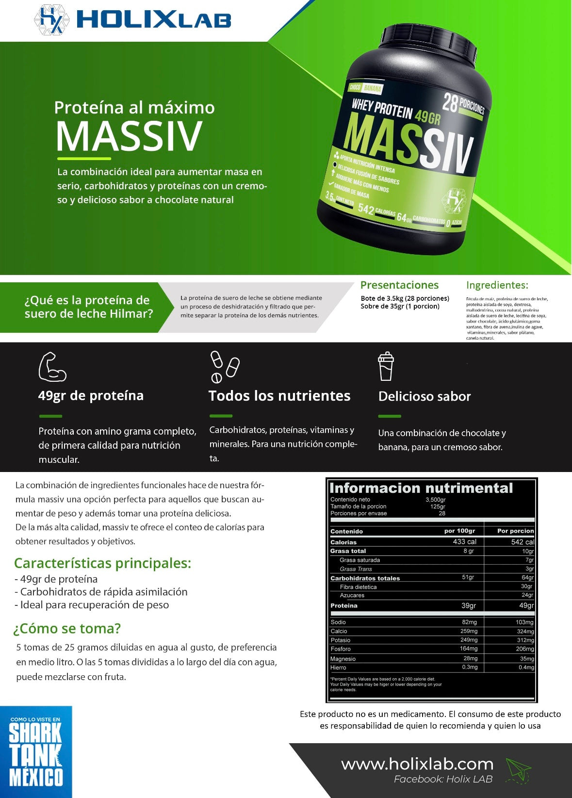 Massiv Proteina Whey 3.5 Kg Holix Lab 28 Serv Sabor Chocobanana