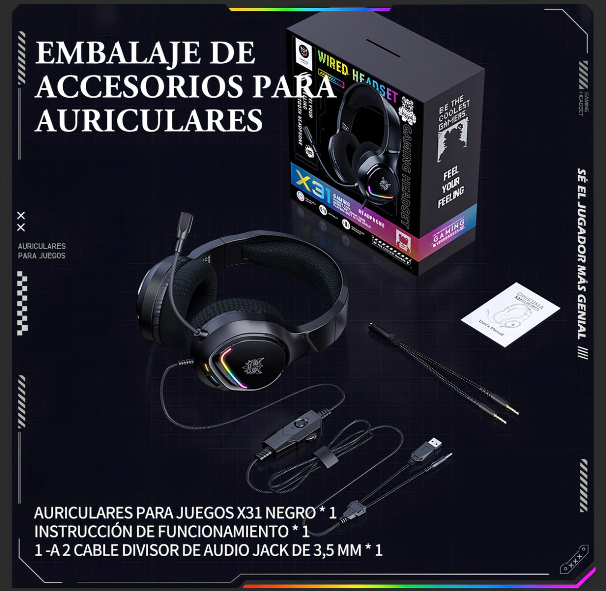 Auriculares profesionales para jugadores Onikuma X31 Rgb negros
