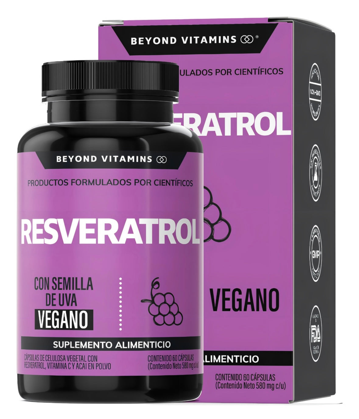 Resveratrol 100% Vegano de alto contenido en Polifenoles | Pimienta Negra Para Mejor Absorción, Vitamina C, Semilla De Uva Y Acai Beyond Vitamins Antioxidante | Vitaminas Mujer / Hombre - 60 Capsulas