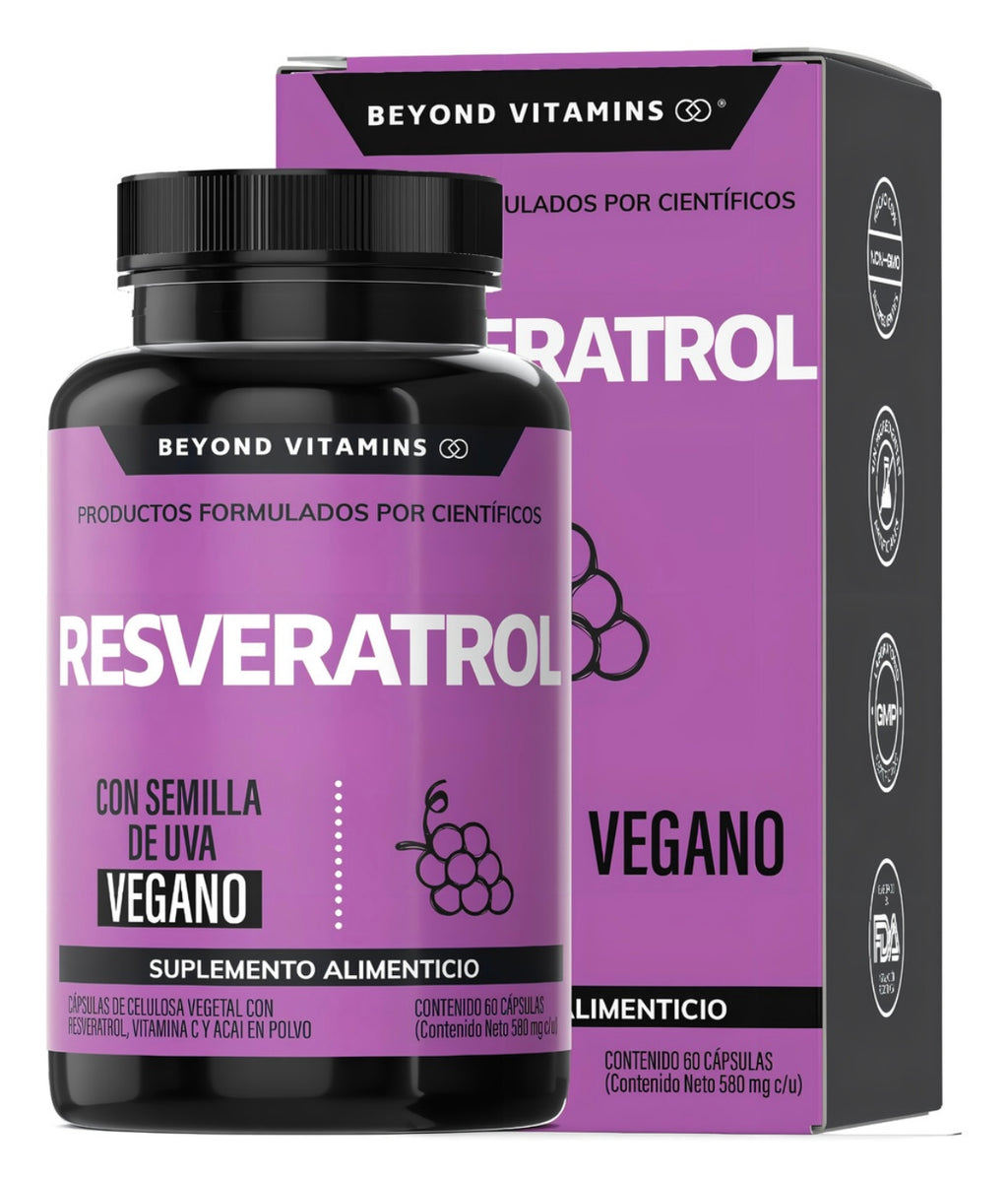 Resveratrol 100% Vegano de alto contenido en Polifenoles | Pimienta Negra Para Mejor Absorción, Vitamina C, Semilla De Uva Y Acai Beyond Vitamins Antioxidante | Vitaminas Mujer / Hombre - 60 Capsulas