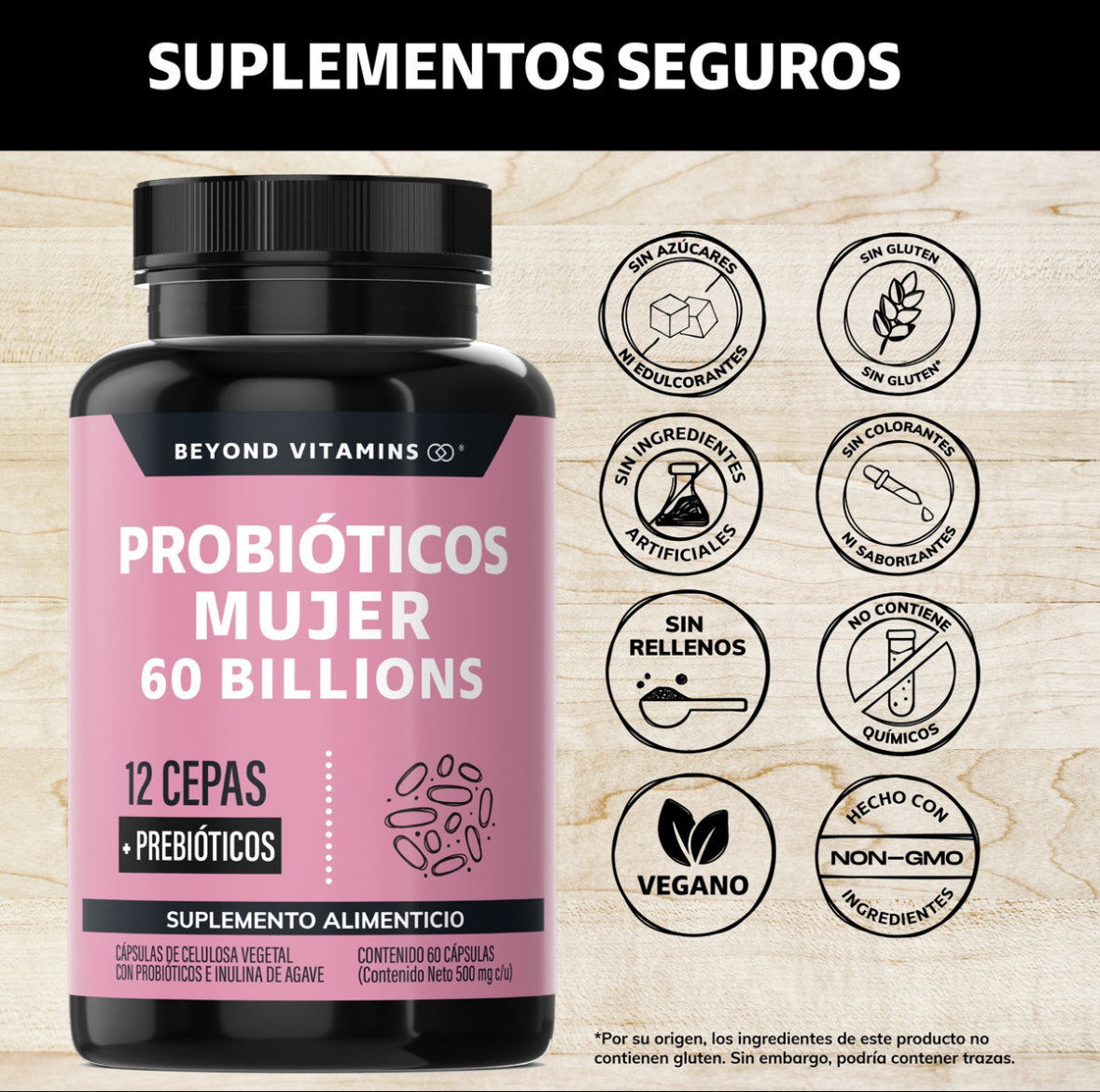 Probióticos Mujer 60 Billion + Prebióticos (prebiotic) + Inulina de Agave 12 Cepas Beyond Vitamins - Probióticos femeninos - Probióticos Vaginales Flora - Candida Cleanse Fibra - 60 Cápsulas