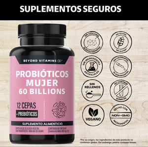 Probióticos Mujer 60 Billion + Prebióticos (prebiotic) + Inulina de Agave 12 Cepas Beyond Vitamins - Probióticos femeninos - Probióticos Vaginales Flora - Candida Cleanse Fibra - 60 Cápsulas