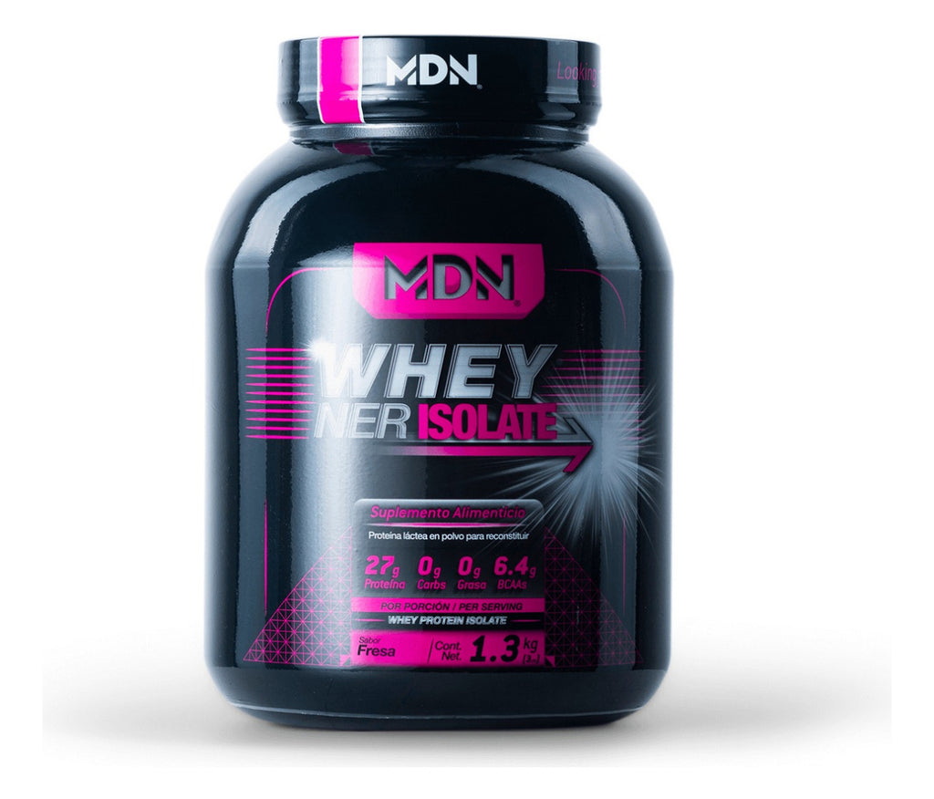 Proteína Aislada WheyNer Isolate 1.36kg Sabor Fresa, 27g de proteina, MDN Sports, 45 porciones, SIN CARBOHIDRATOS y grasa.