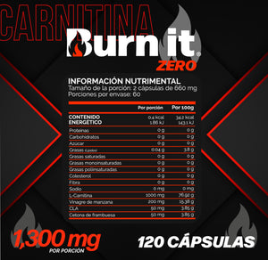 Burn it Zero Quemador Grasa Termogenico 4en1 1300mg: L Carnitina, Vinagre de Manzana, CLA, Cetonas | Suplemento alimenticio 120 capsulas | Vitaminas Hombre - Mujer