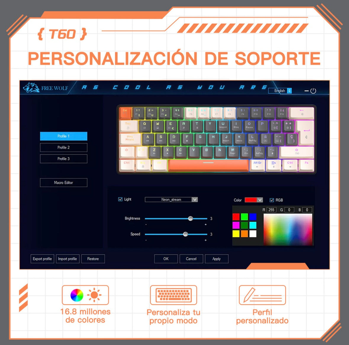 Free Wolf T60 60% Teclado Alámbrico mecánico Español, 62 Teclas Anti-ghosting, Retroiluminado Full-RGB, Teclado Programable de Hot Swap, Teclado Gamer Con Cable Conectado Tipo C, Eje Rojo