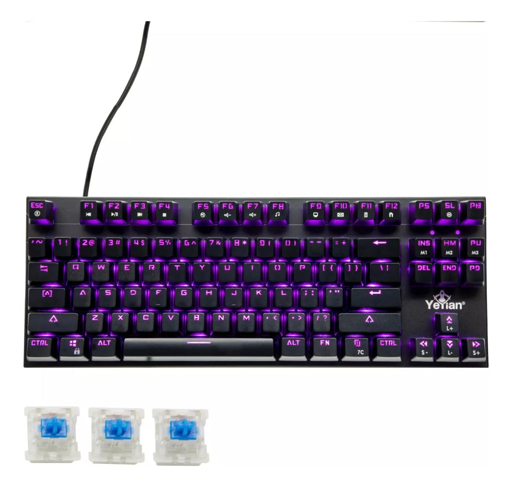 Teclado Mecanico Yeyian, Español, Swtich Blue, 87 Teclas Anti-Ghosting, Con 13 Efectos Iluminación RGB, Ergonómico, Resistente Al polvo y Derrames, N-Key Rollover, Para PC, Xbox,Ps5 Outemu Blue