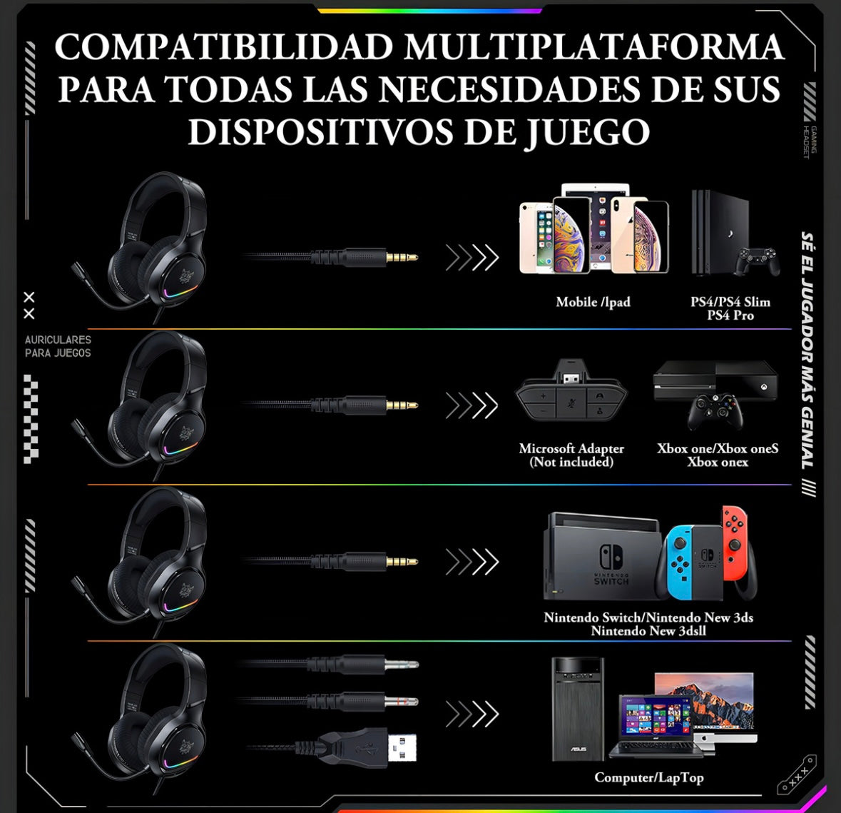 Auriculares profesionales para jugadores Onikuma X31 Rgb negros