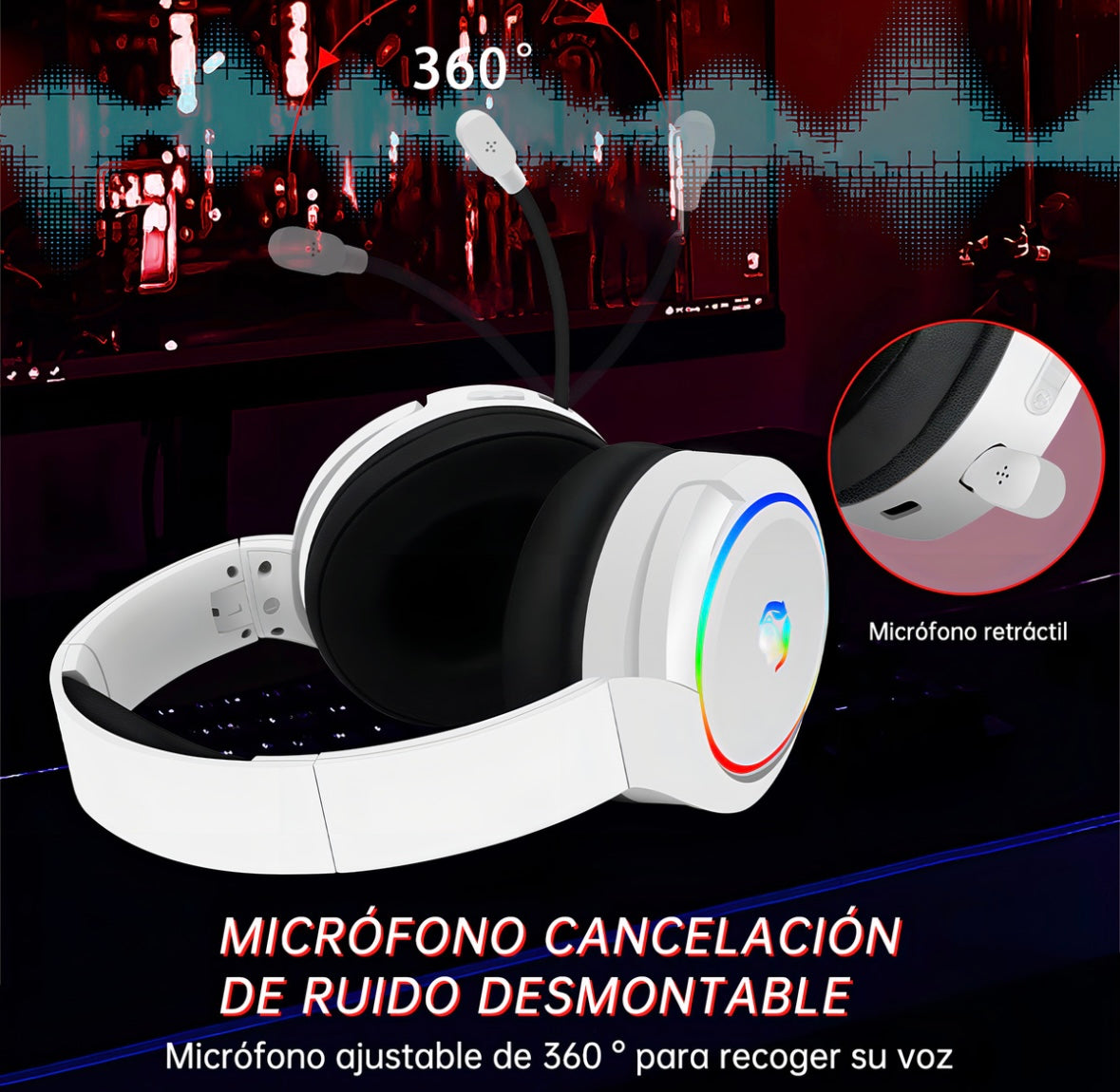 Auricular gamer inalámbrico Huo Ji X7 blanco con luz rgb LED