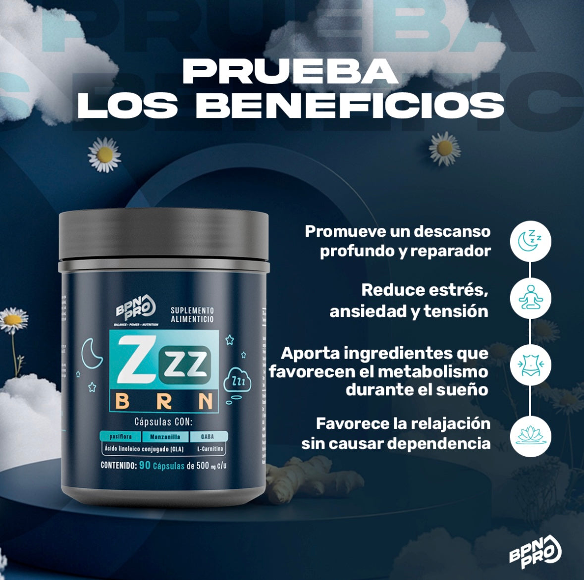 ZZZ BRN BPN PRO – Quemador de Grasa Nocturno con CLA, Carnitina, GABA, Magnesio y Manzanilla – Apoya la Relajación y Sueño Reparador 90 Cápsulas