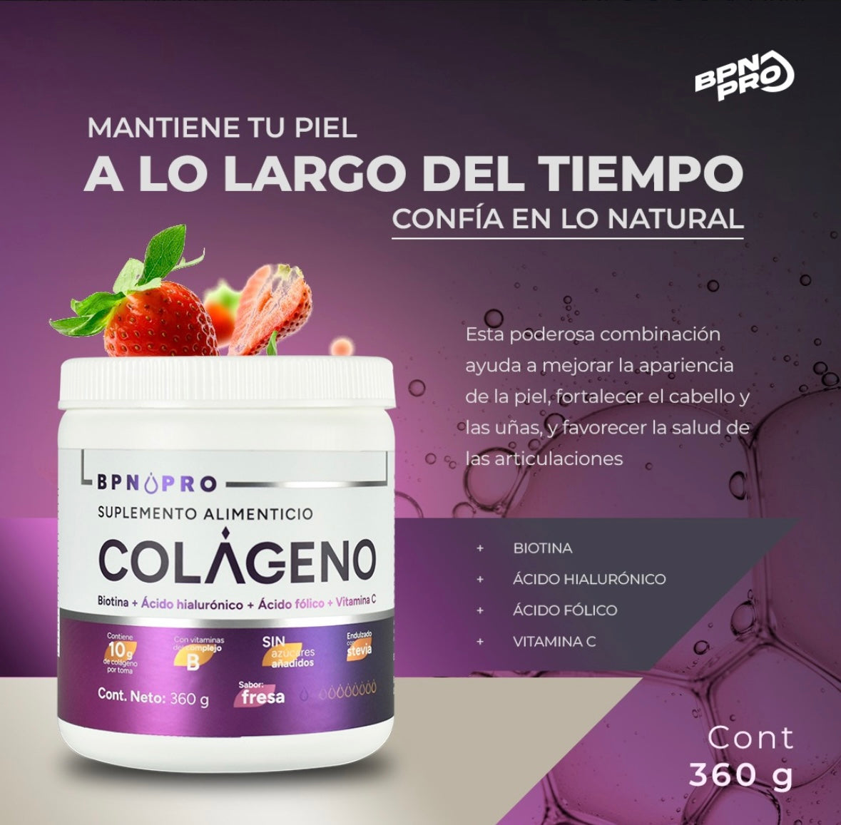 Colágeno Hidrolizado BPN PRO en Polvo con Ácido Hialurónico y Ácido Fólico, Sabor Fresa 360g Mejora tu Salud y Belleza, Fortalece Articulaciones, Piel Radiante, Suplemento Nutricional de Alta Calidad