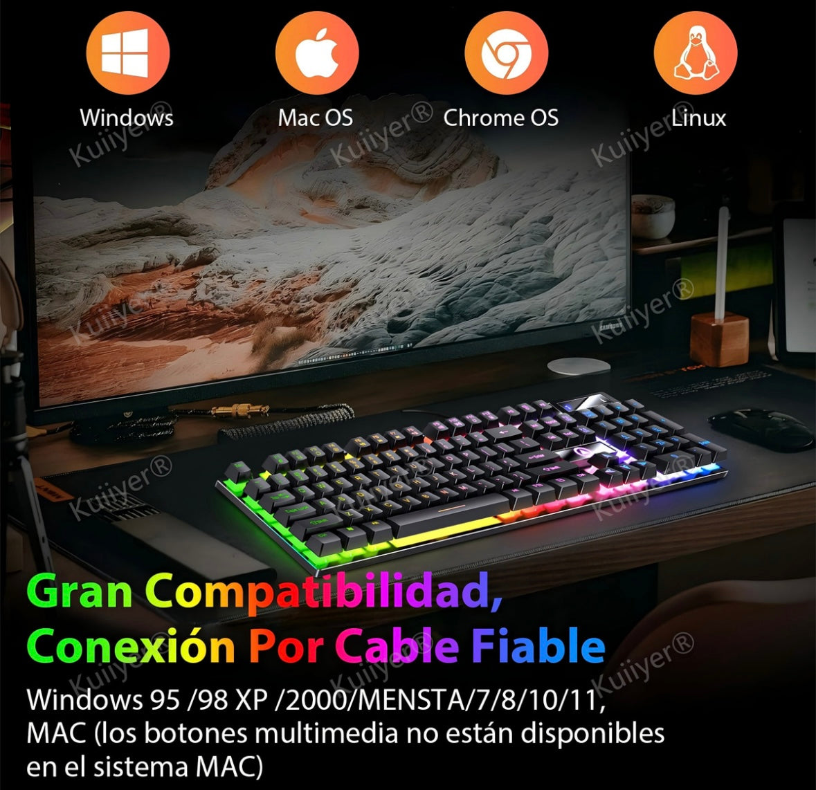KUIIYER Teclado Mecánico Para Juegos, E310 Teclado Gamer con Cable, Retroiluminación LED RGB, Ideal para Juego y Trabajo para PC Windows 7, 8, 10 o Mac OS (negro)
