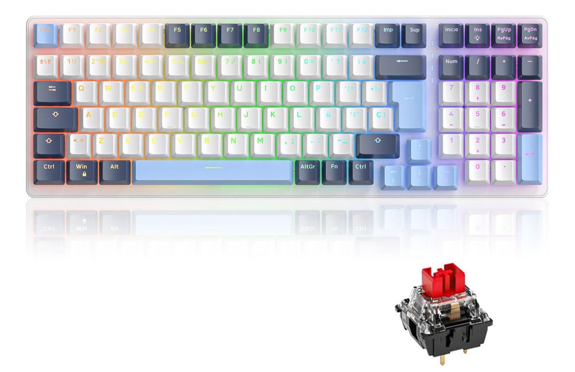 Free Wolf K3 Teclado Mecánico, 100 Teclas Teclado Mecánico para Juegos, QWERTY Teclado Cableado, Español Teclado Azul/blanco, Múltiples Efectos RGB de Luz, Teclas Personalizadas（Eje Rojo）