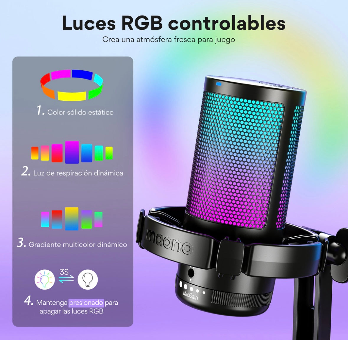 Maono Micrófono Pc para Gamer Micrófono Usb RGB con Cancelación de Ruido Silencio Ganancia y Monitoreo para Streaming Podcast Youtube Celular y PS5 PS4 DGM20 Negro