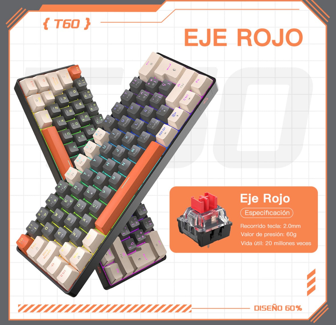 Free Wolf T60 60% Teclado Alámbrico mecánico Español, 62 Teclas Anti-ghosting, Retroiluminado Full-RGB, Teclado Programable de Hot Swap, Teclado Gamer Con Cable Conectado Tipo C, Eje Rojo