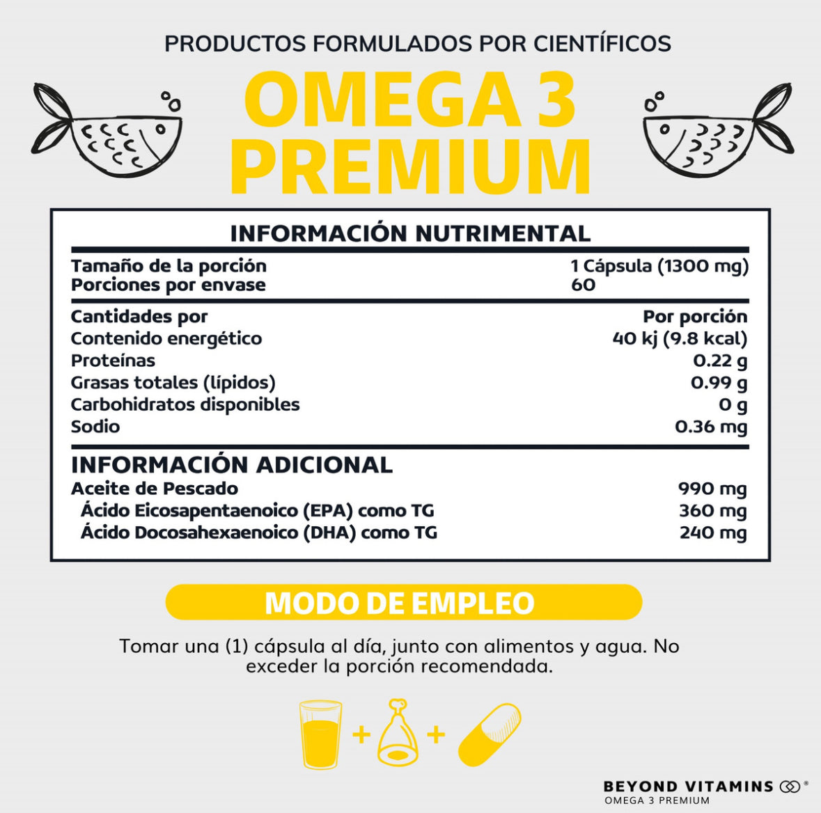 Omega 3 Premium 1000mg Suplemento Alimenticio Aceite De Pescado Como Tg Beyond Vitamins Sin Sabor Sin Rellenos - Vitaminas Mujer / Hombre - 60 Cápsulas