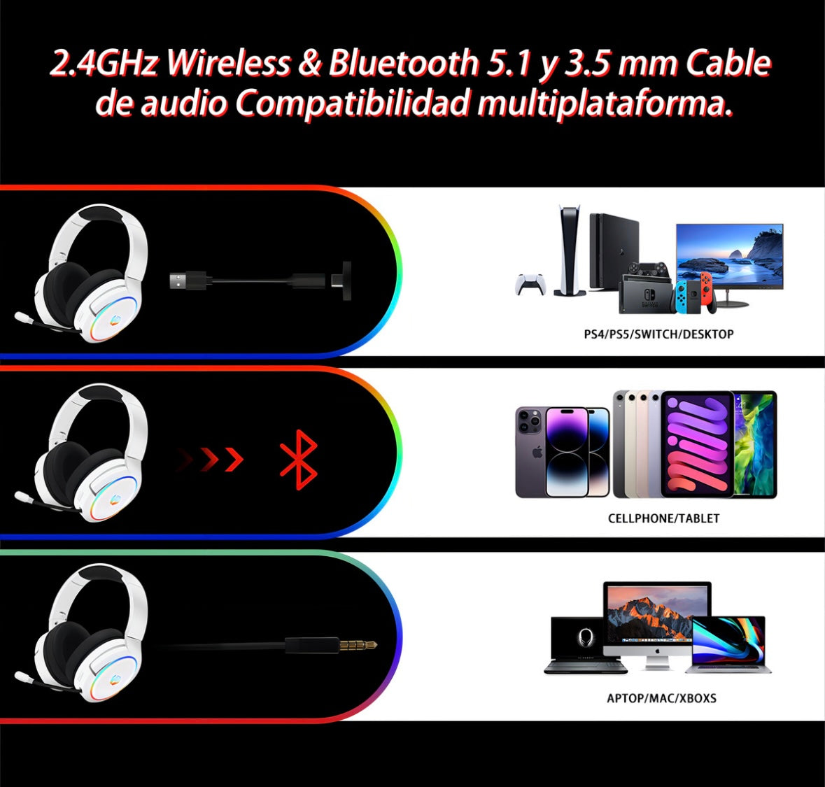 Auricular gamer inalámbrico Huo Ji X7 blanco con luz rgb LED