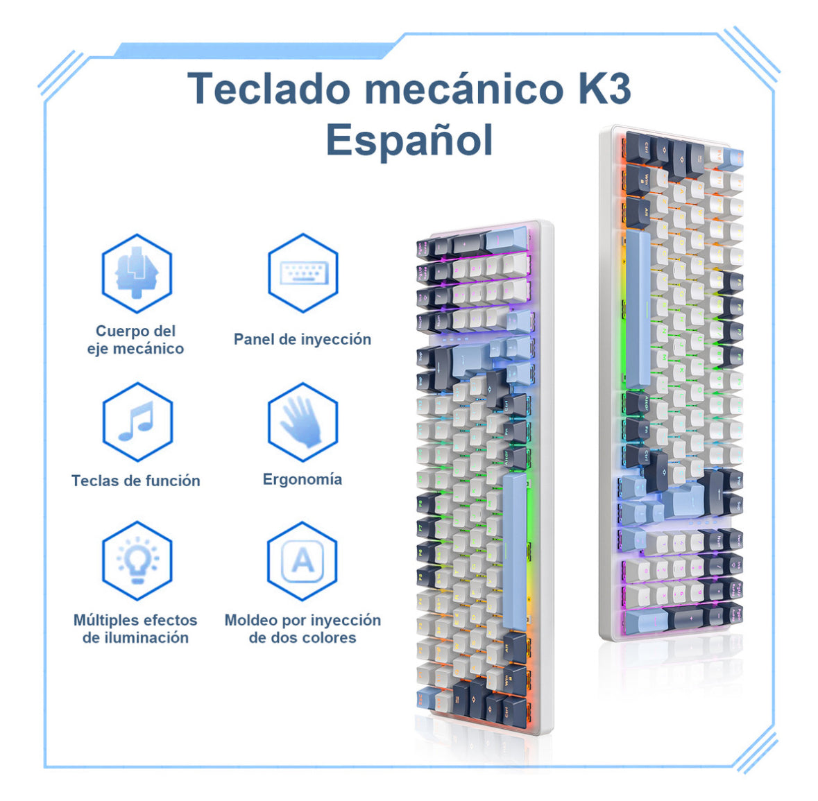 Free Wolf K3 Teclado Mecánico, 100 Teclas Teclado Mecánico para Juegos, QWERTY Teclado Cableado, Español Teclado Azul/blanco, Múltiples Efectos RGB de Luz, Teclas Personalizadas（Eje Rojo）