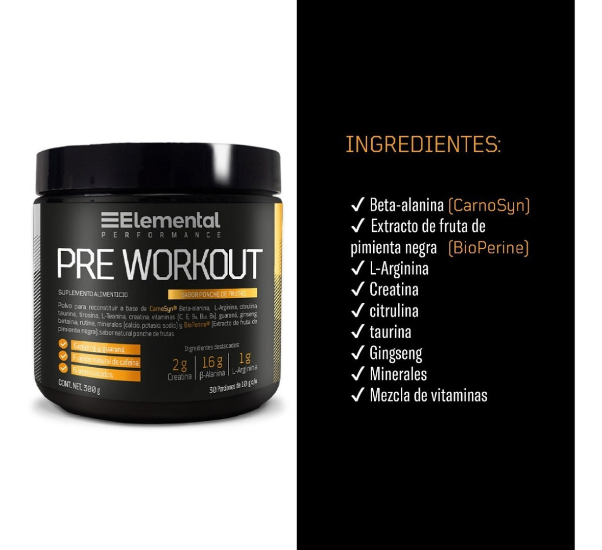 Elemental Performance, Pre-workout - Beta-alanina, L-Arginina, guaraná | 30 Porciones De 10g C/u | 300g Sabor Ponche de frutas