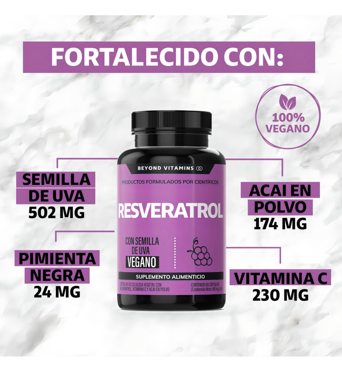 Resveratrol 100% Vegano de alto contenido en Polifenoles | Pimienta Negra Para Mejor Absorción, Vitamina C, Semilla De Uva Y Acai Beyond Vitamins Antioxidante | Vitaminas Mujer / Hombre - 60 Capsulas