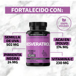Resveratrol 100% Vegano de alto contenido en Polifenoles | Pimienta Negra Para Mejor Absorción, Vitamina C, Semilla De Uva Y Acai Beyond Vitamins Antioxidante | Vitaminas Mujer / Hombre - 60 Capsulas