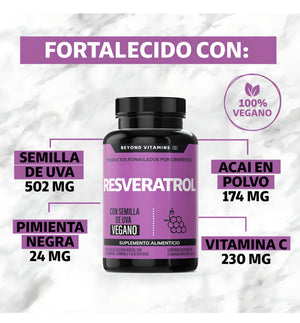 Resveratrol 100% Vegano de alto contenido en Polifenoles | Pimienta Negra Para Mejor Absorción, Vitamina C, Semilla De Uva Y Acai Beyond Vitamins Antioxidante | Vitaminas Mujer / Hombre - 60 Capsulas